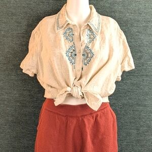 Vintage Lemon Grass Studio Embroidered Button Down Shirt. Cotton/Rayon/Linen